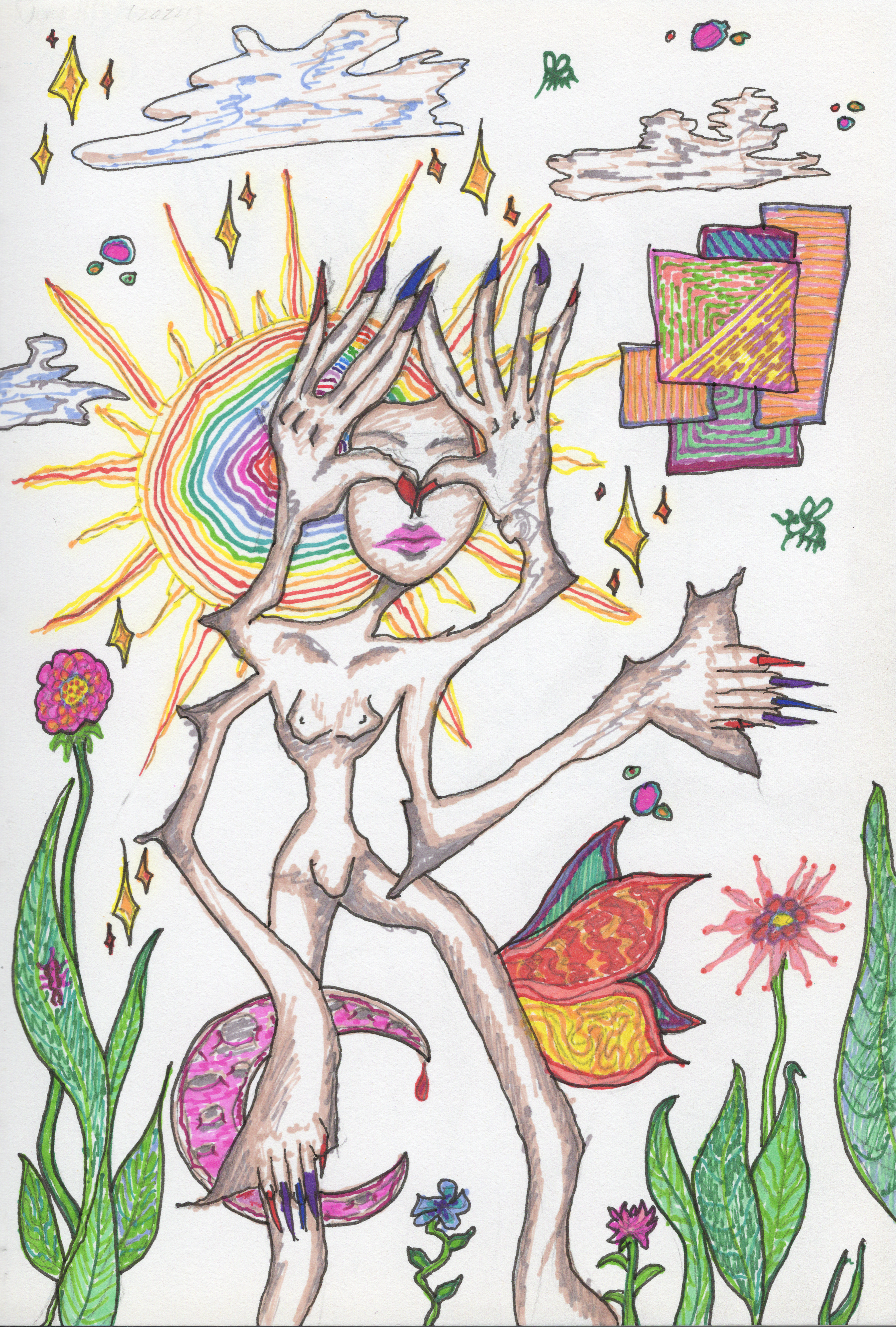 Grotesque, four armed, feminine figure backed by rainbow sun, pink moon, flowering plants, clouds, colorful abrastact shapes