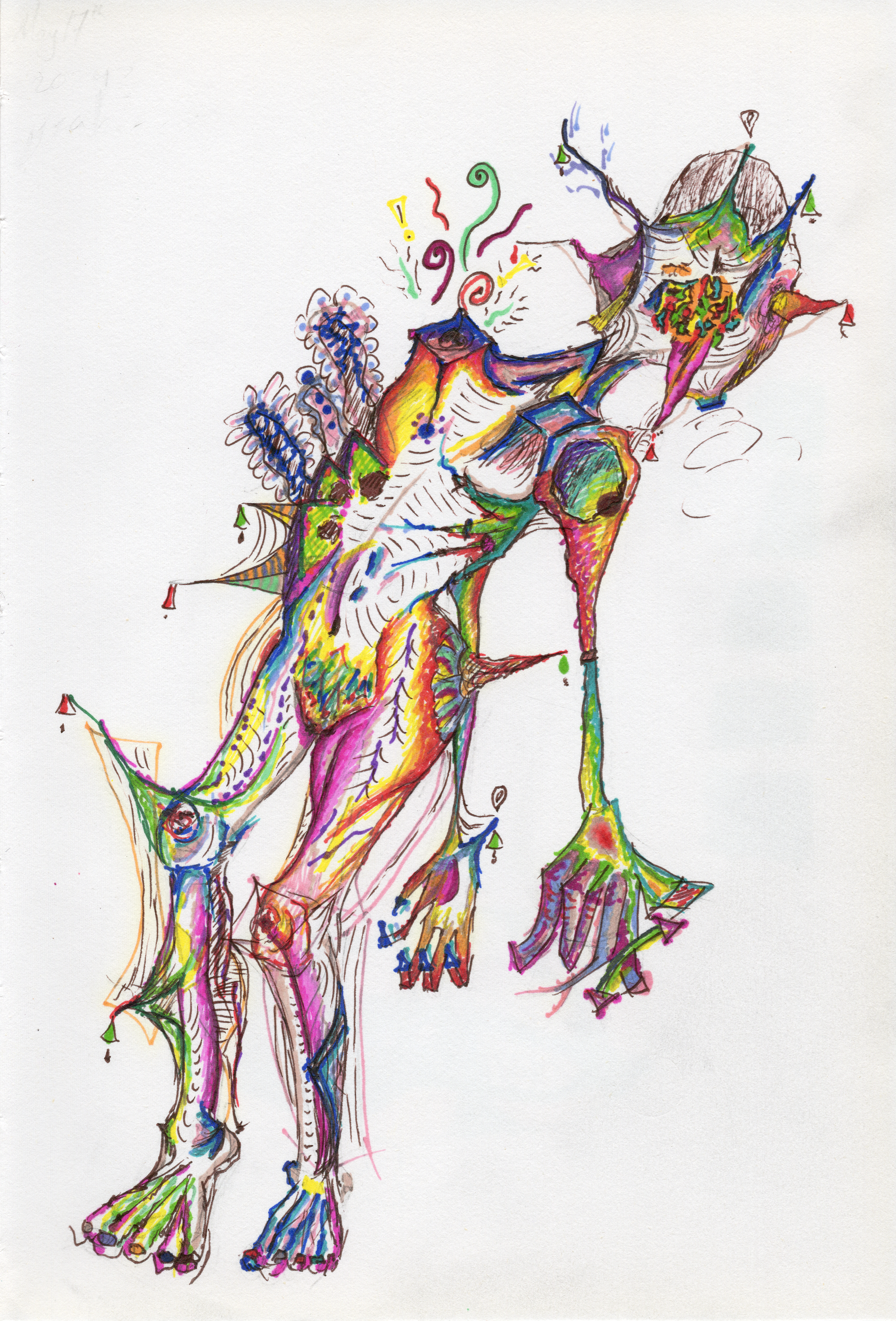 Grotesque humanoid figure composed of colorful abstract shapes